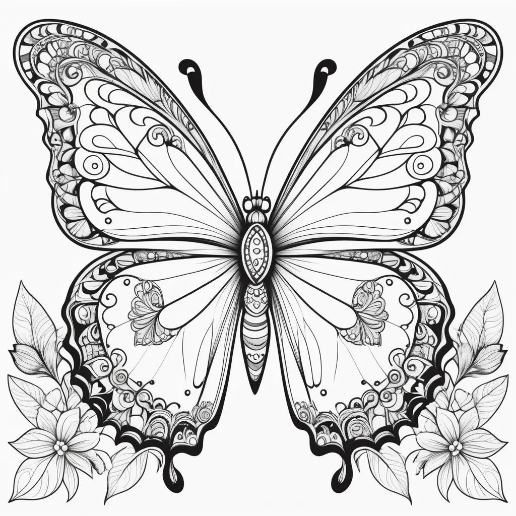 artistic butterfly coloring page with flowers