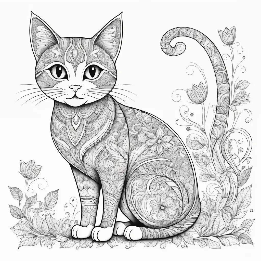 artistic cat color page with intricate designs