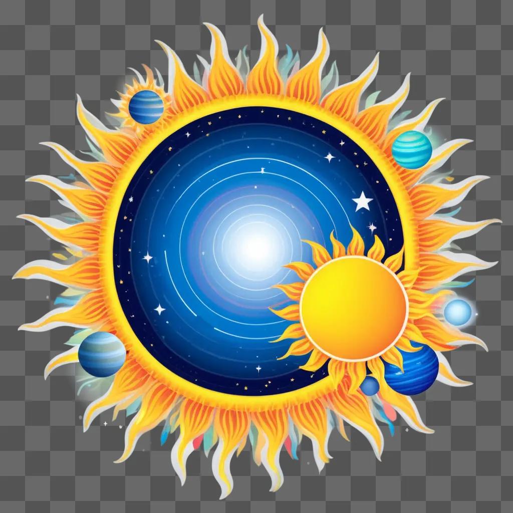 artistic clipart of a sun with planets