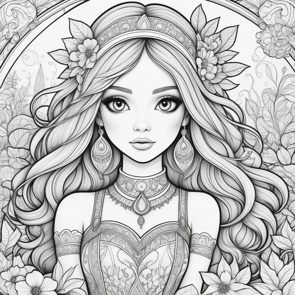 artistic coloring page featuring a pretty girl and floral decorations