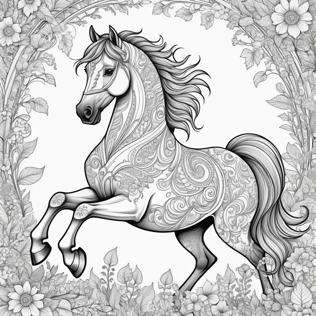 artistic horse coloring page with floral elements