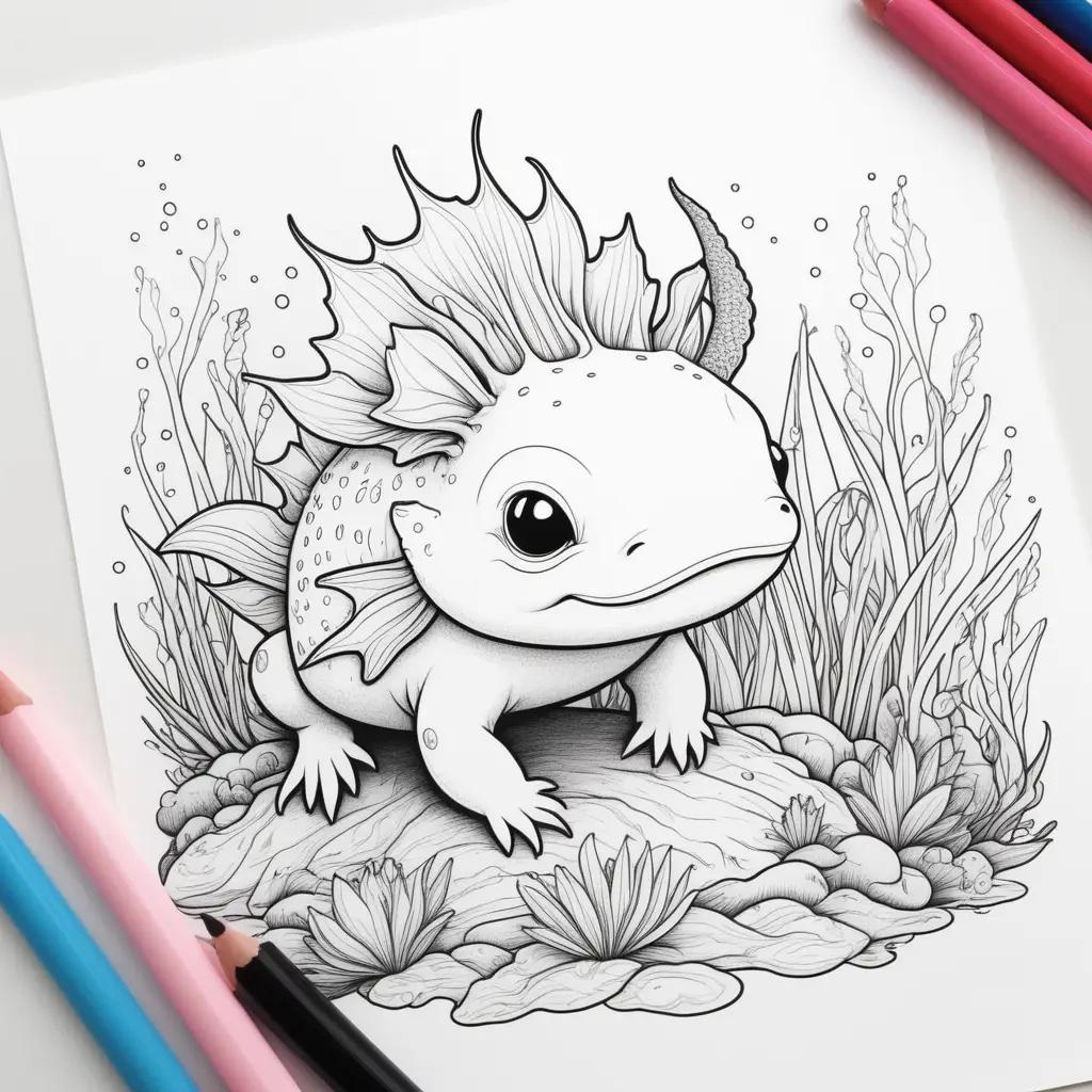 axolotl coloring page featuring an adorable creature in a sea of green grass