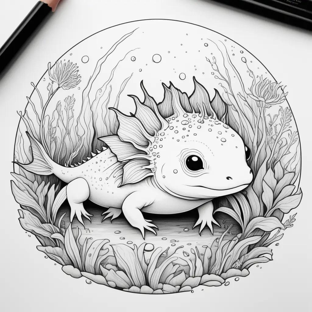 axolotl coloring page with a black and white illustration