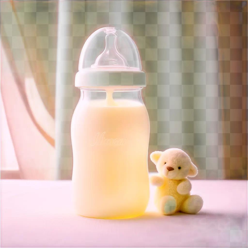 baby bottle and a teddy bear on a table