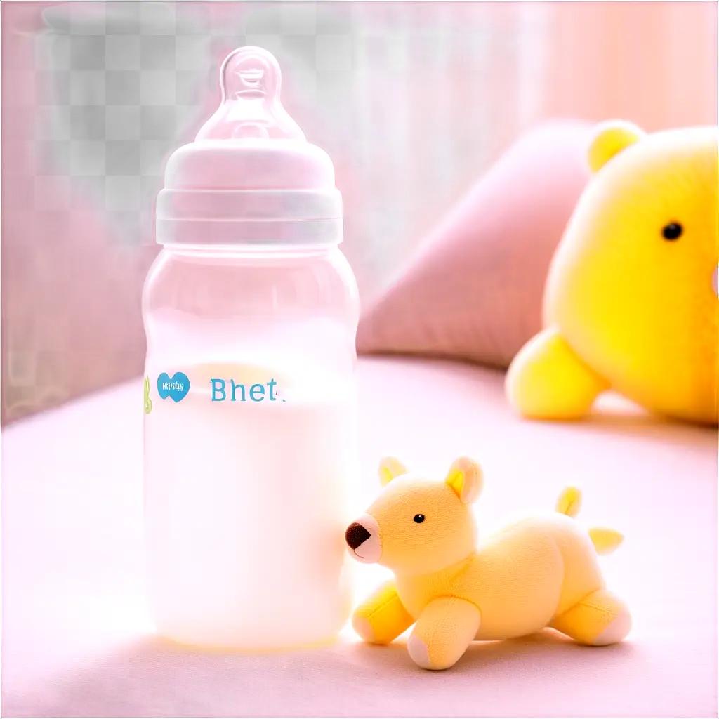 baby bottle and stuffed animal on a bed