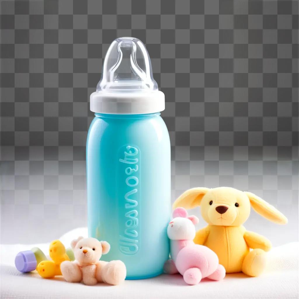 baby bottle is surrounded by toys on a white surface