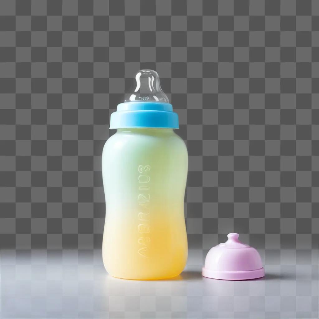 baby bottle with a pink lid sits on a white surface