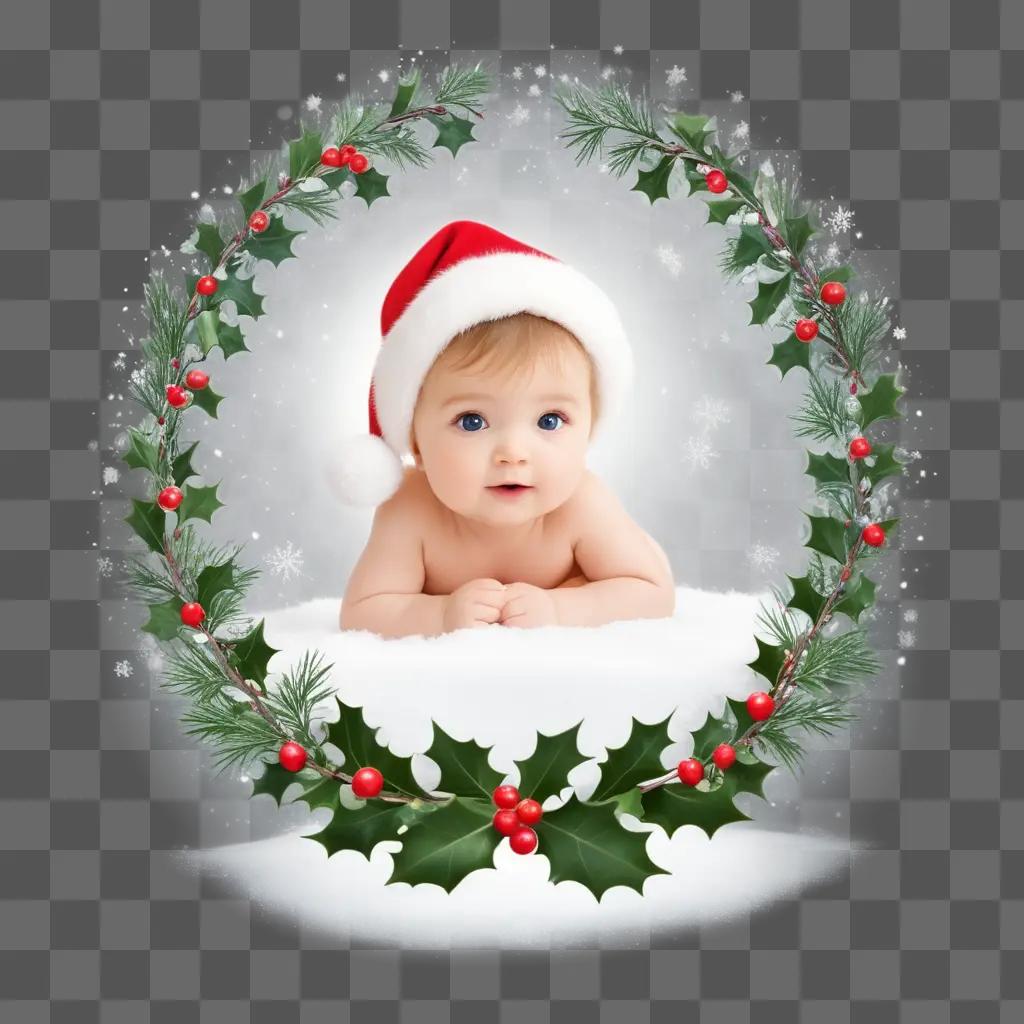 baby in a Santa hat posing in front of a Christmas wreath