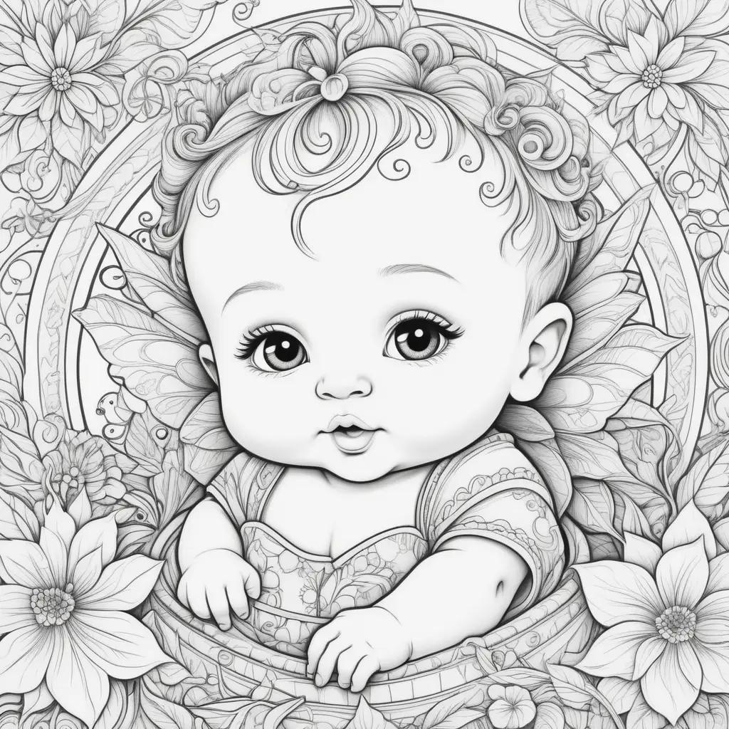 ぬりえの花に囲まれたバスケットの赤ちゃん
