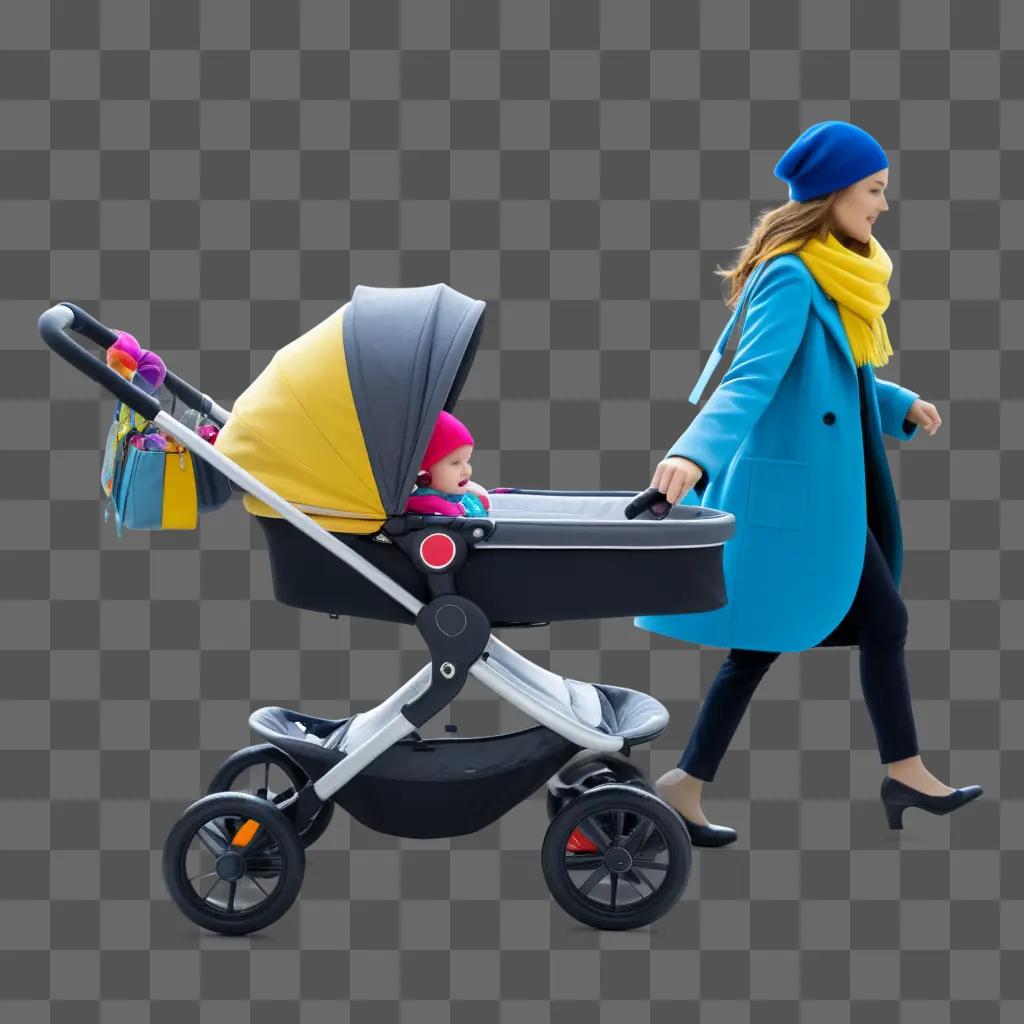 baby in a stroller walks behind a woman