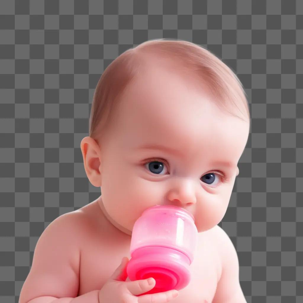 baby is drinking from a pink bottle