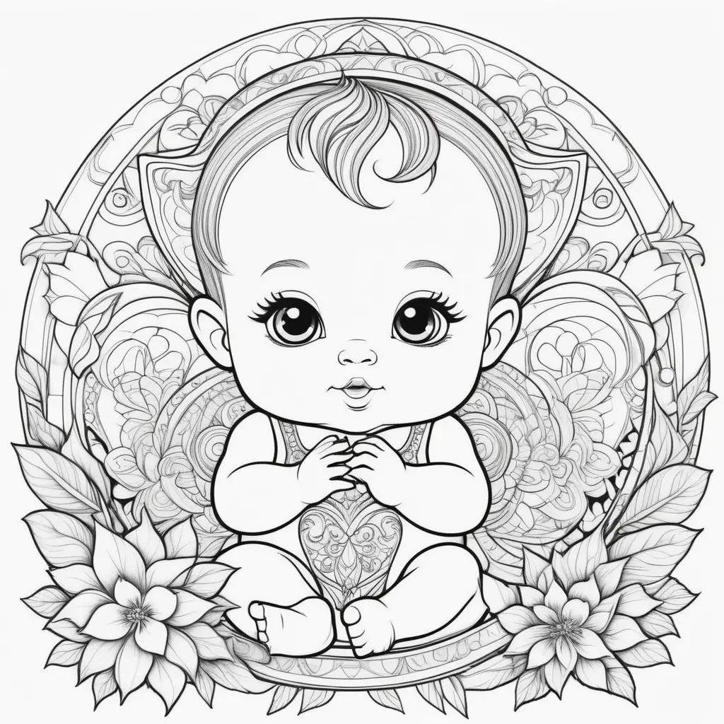 赤ちゃんは白黒のぬりえの花の輪の中に座っています