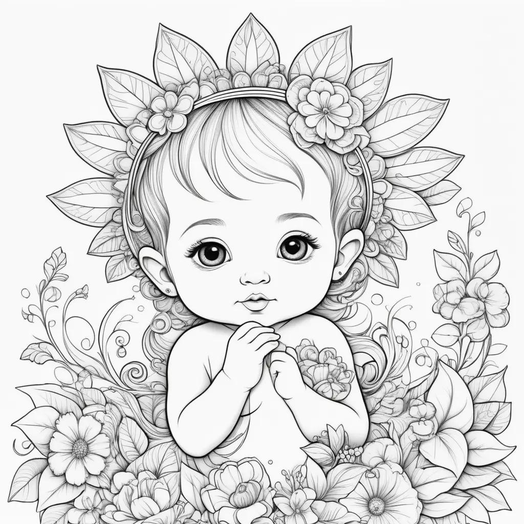 赤ちゃんはぬりえで花に囲まれています