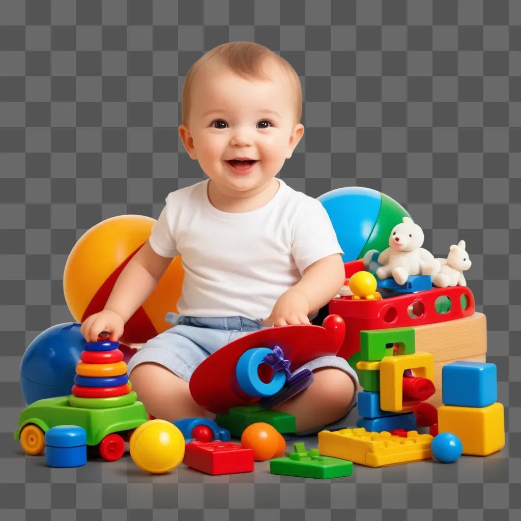 baby plays with colorful toys in the sun