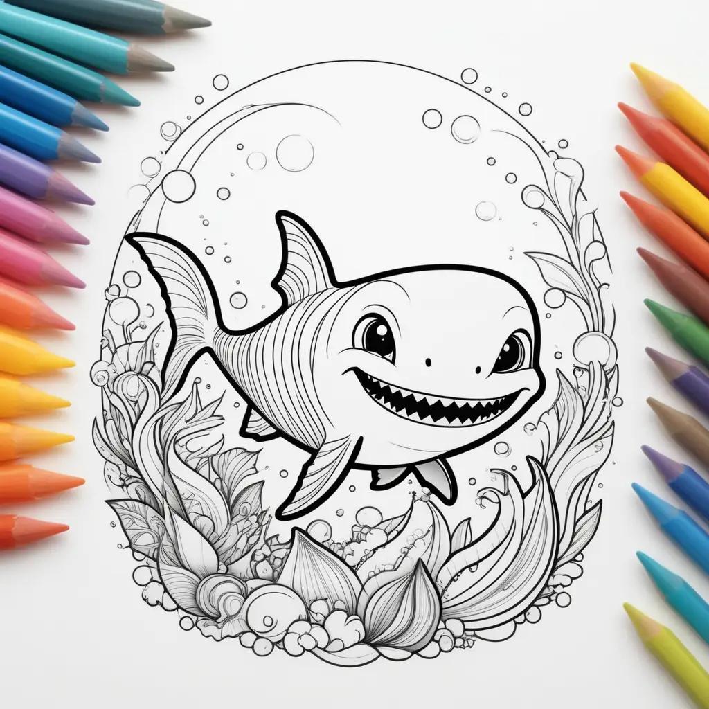 baby shark coloring page with a rainbow of colored pencils surrounding it