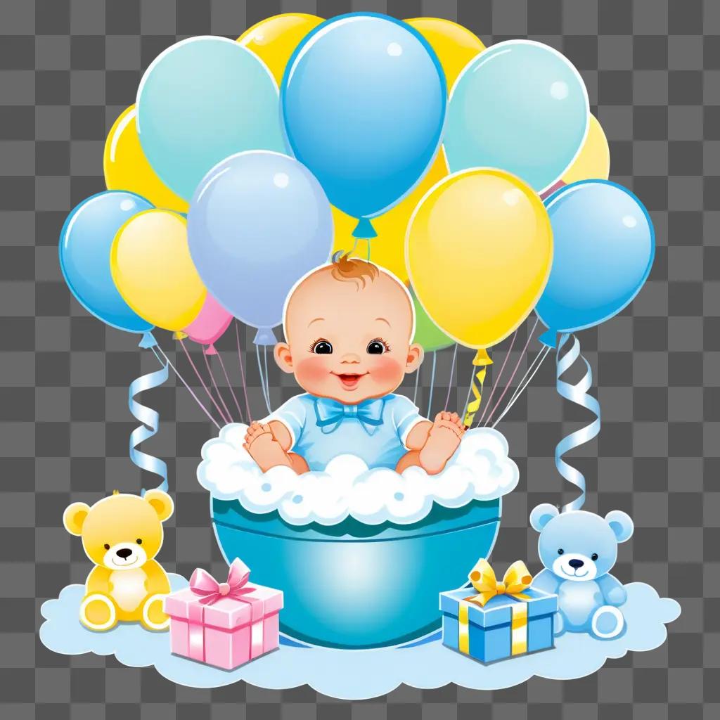 baby shower featuring a baby in a bath with balloons and gifts