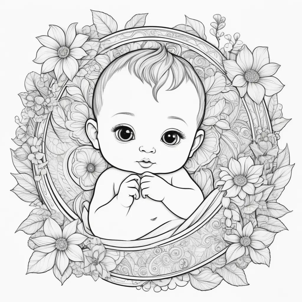 赤ん坊は花の輪の中に座る