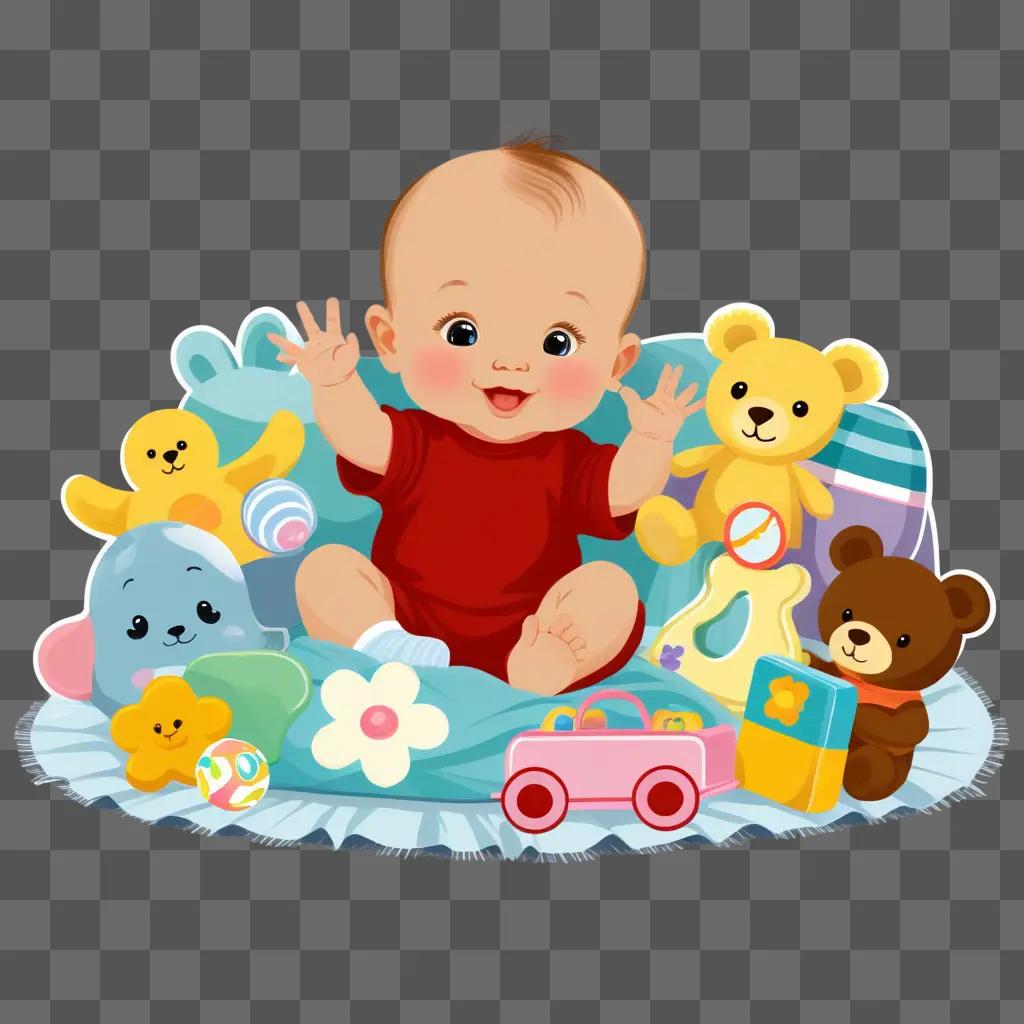 baby sits surrounded by baby toys