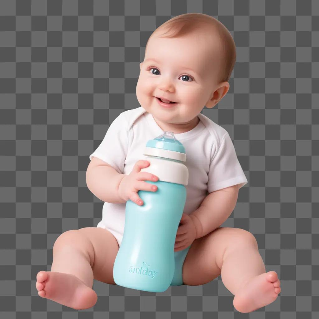 baby smiles while holding a baby bottle