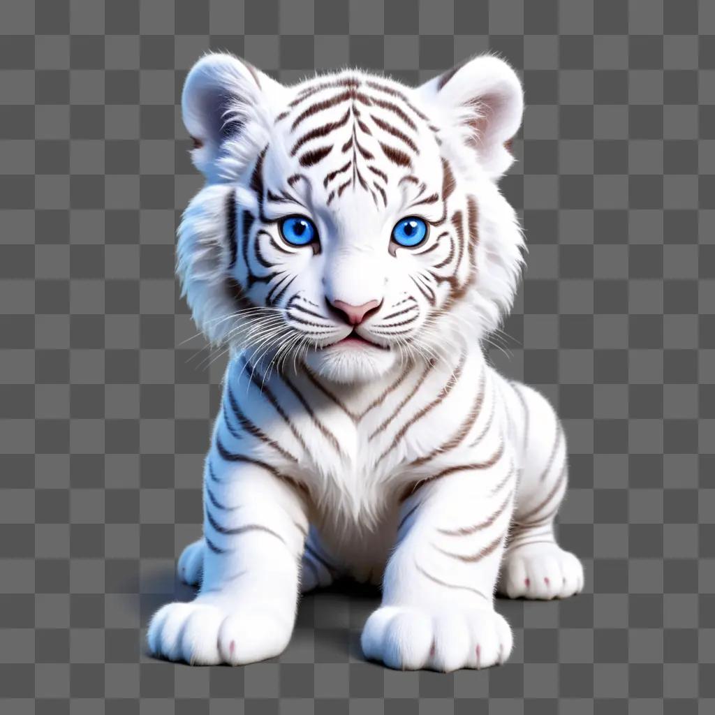 baby white tiger with blue eyes sits on the ground