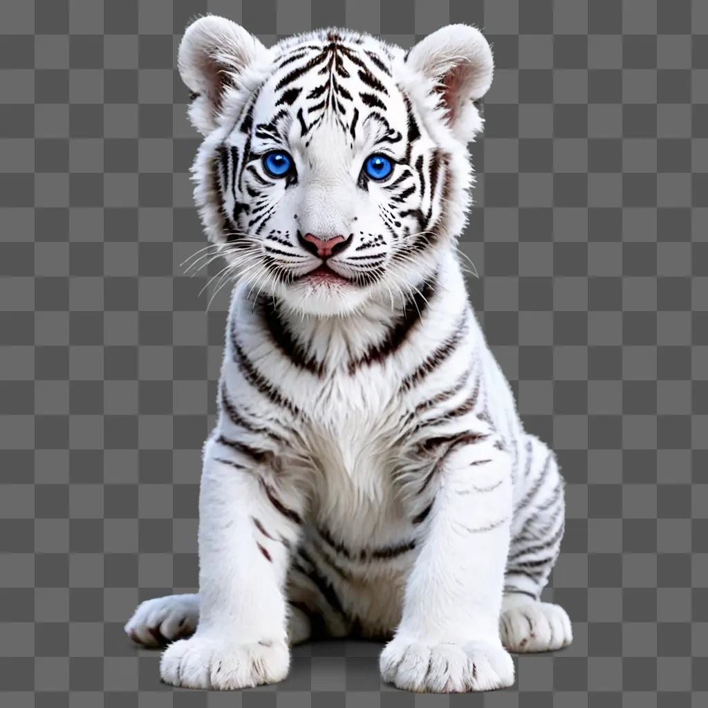 baby white tiger with blue eyes sits on the ground