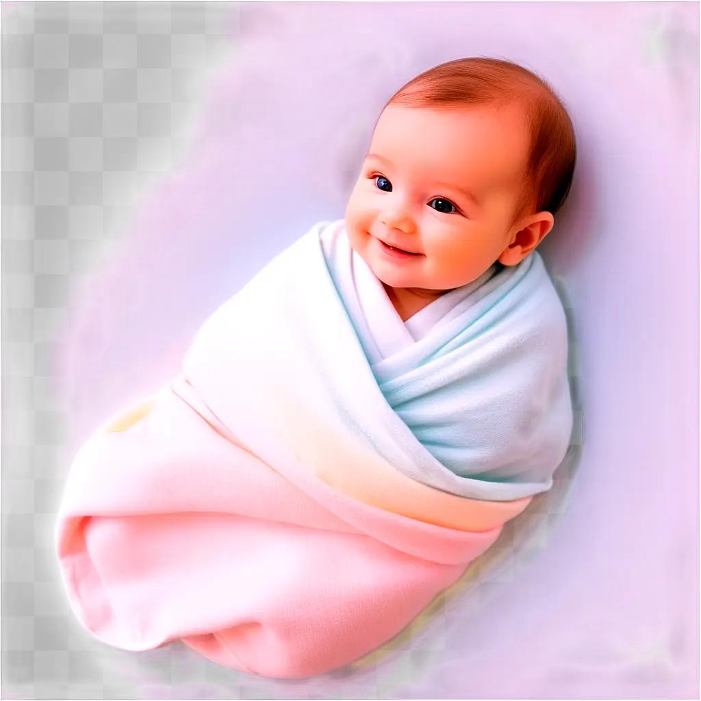 baby wrapped in a blanket smiles at the camera