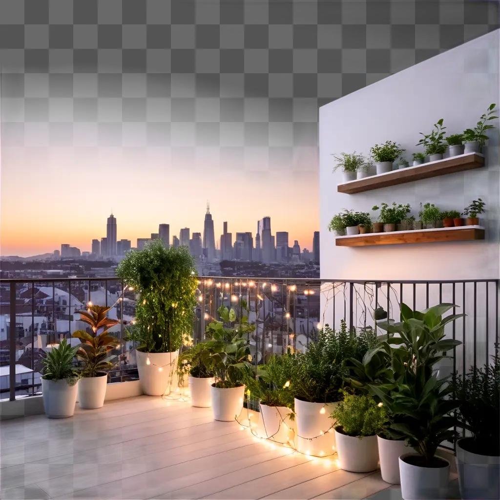 balcony filled with potted plants and lights