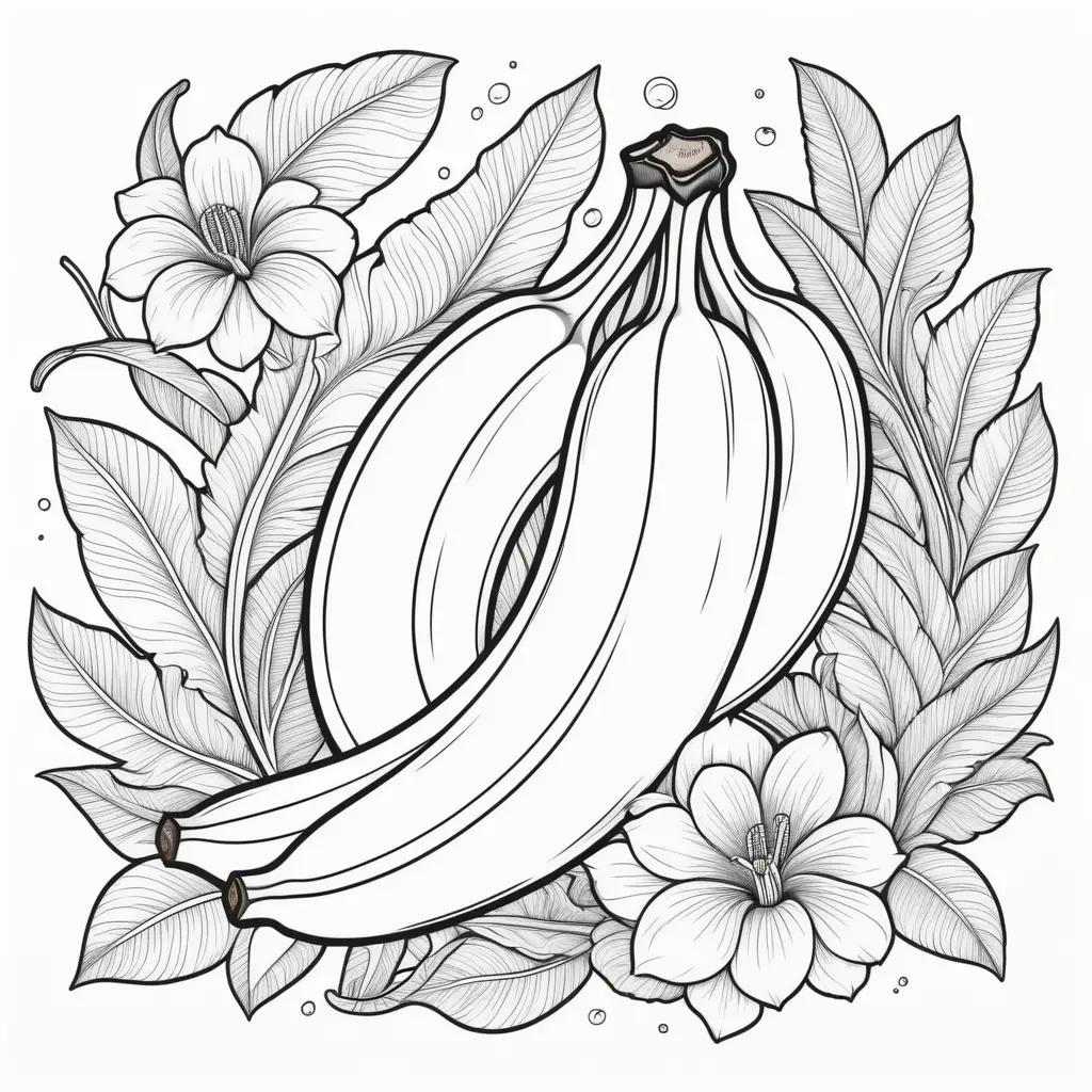 banana coloring page with flowers and leaves