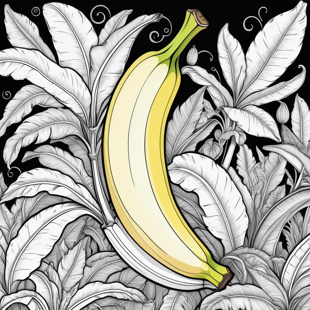 banana coloring page with leafy background