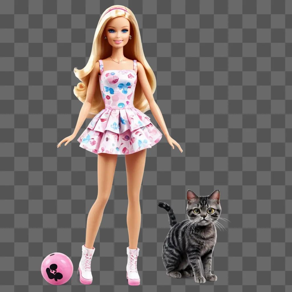 barbie clipart A Barbie doll stands next to a cat