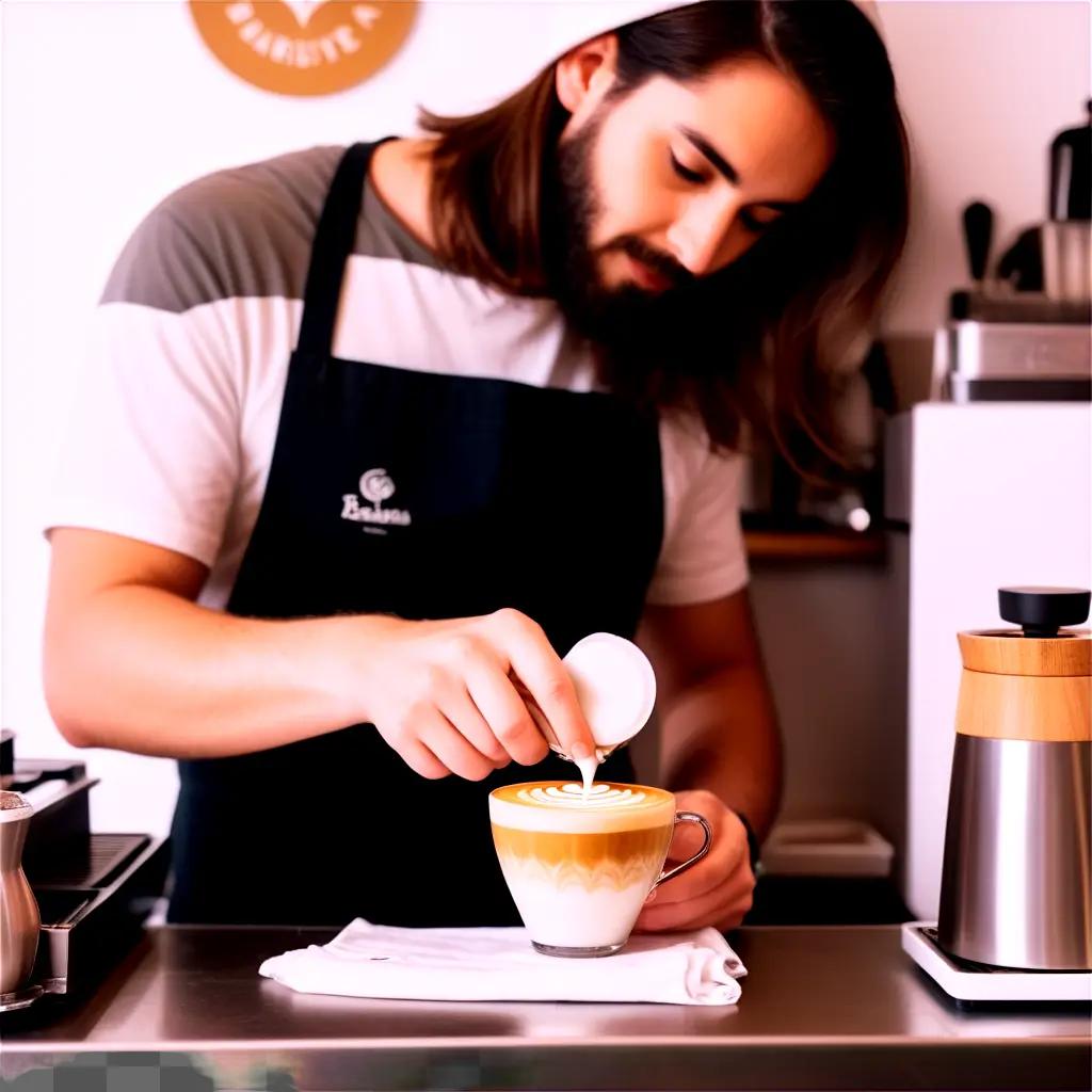 barista adds a latte art design to a cup