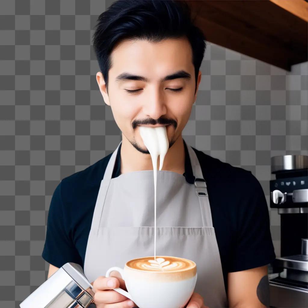 barista drinks his coffee with a smile