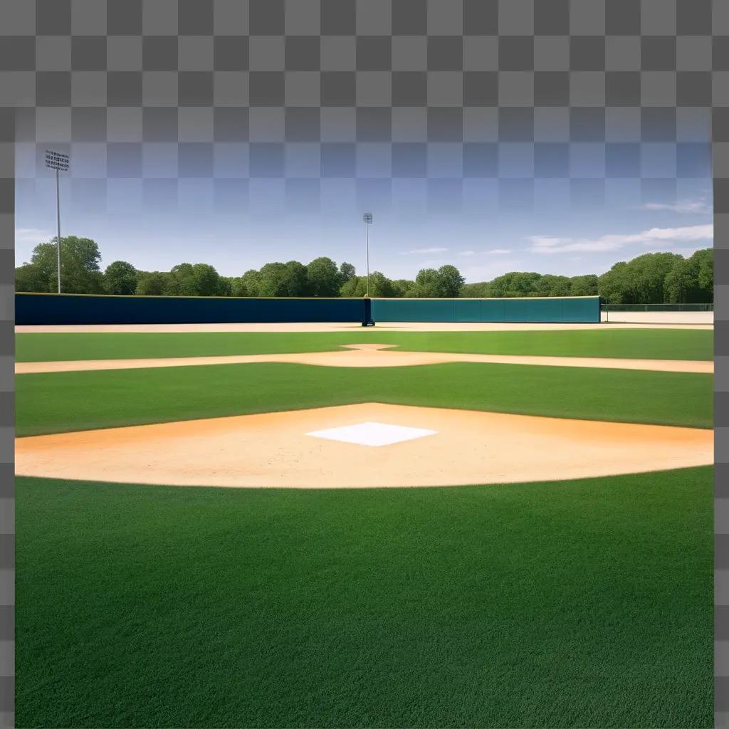 緑のマウンドと青いフェンスの野球場