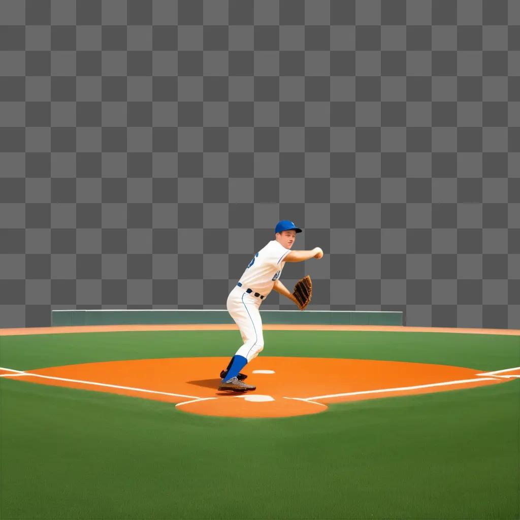 baseball player on a field, wearing a blue cap and glove