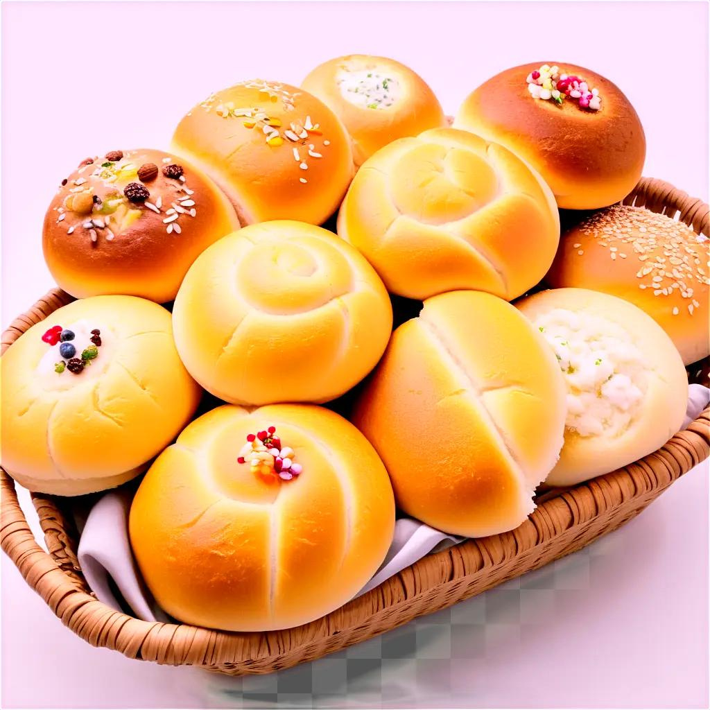 basket full of various buns on a table