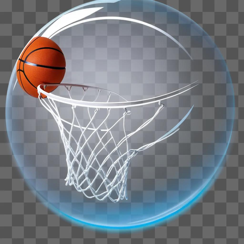 basketball in a transparent hoop against a blue background