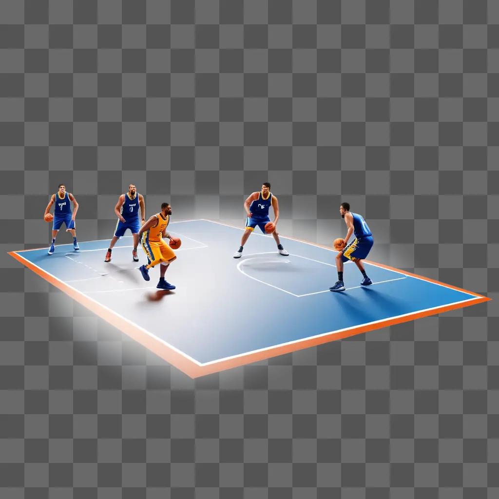 basketball player in a blue uniform dribbles the ball on a 3D court