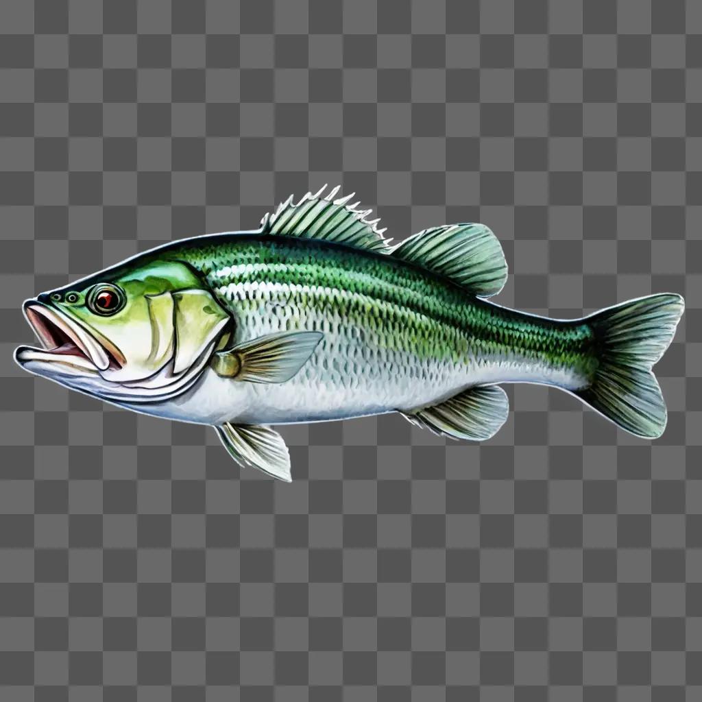 bass fish drawing A green fish with white stripes on a grey background