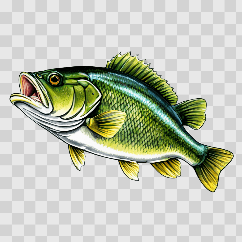 bass fish drawing A green fish with yellow fins on a green background