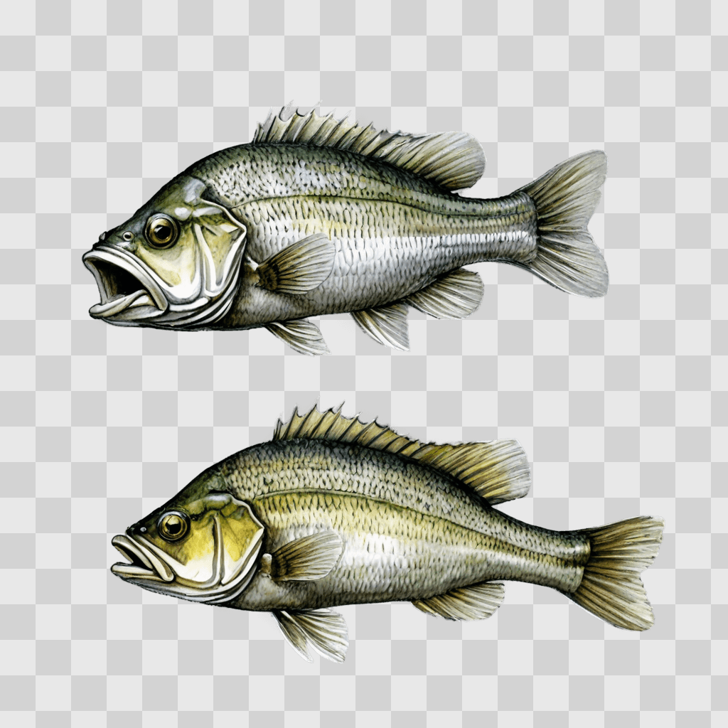 bass fish drawing Two fish facing opposite directions on a gray surface