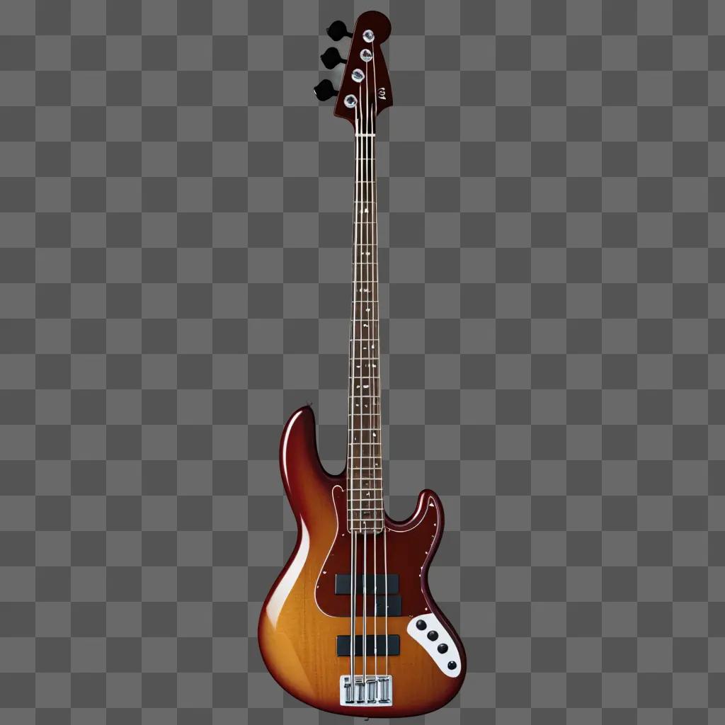 bass guitar with a brown color is displayed in the image