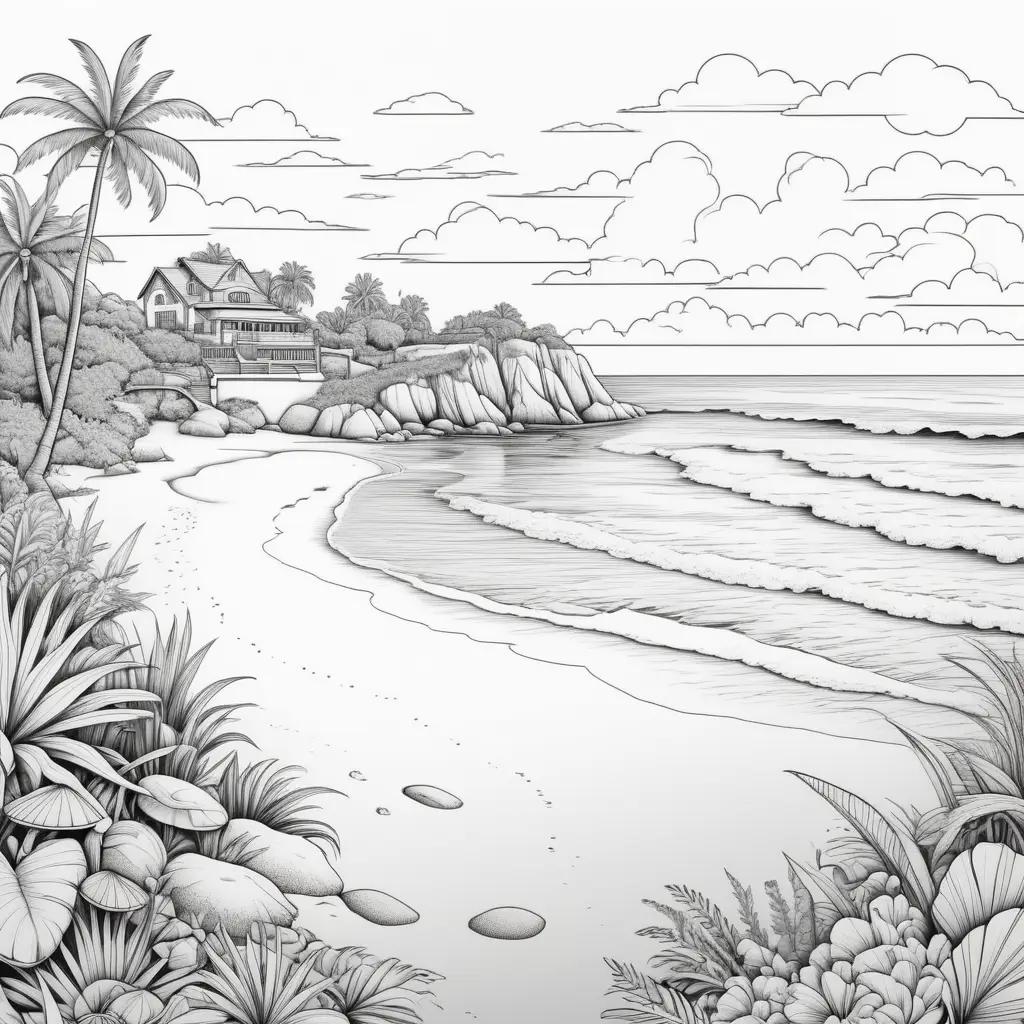 ビーチのぬりえは、家とヤシの木のあるビーチシーンを特徴としています
