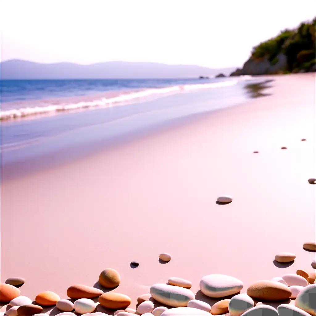 beach scene with numerous pebbles scattered across it