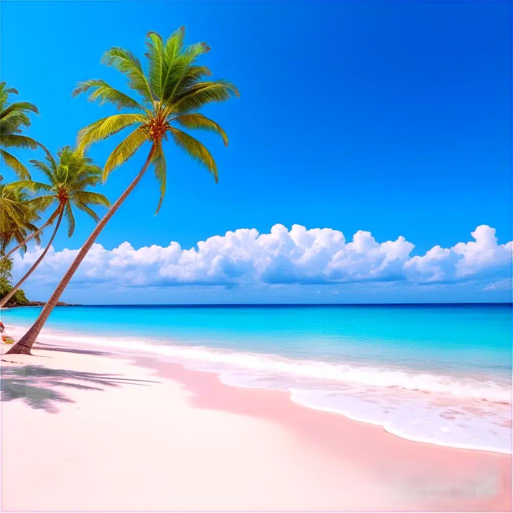 ヤシの木、青い空、ピンクの砂浜のビーチシーン
