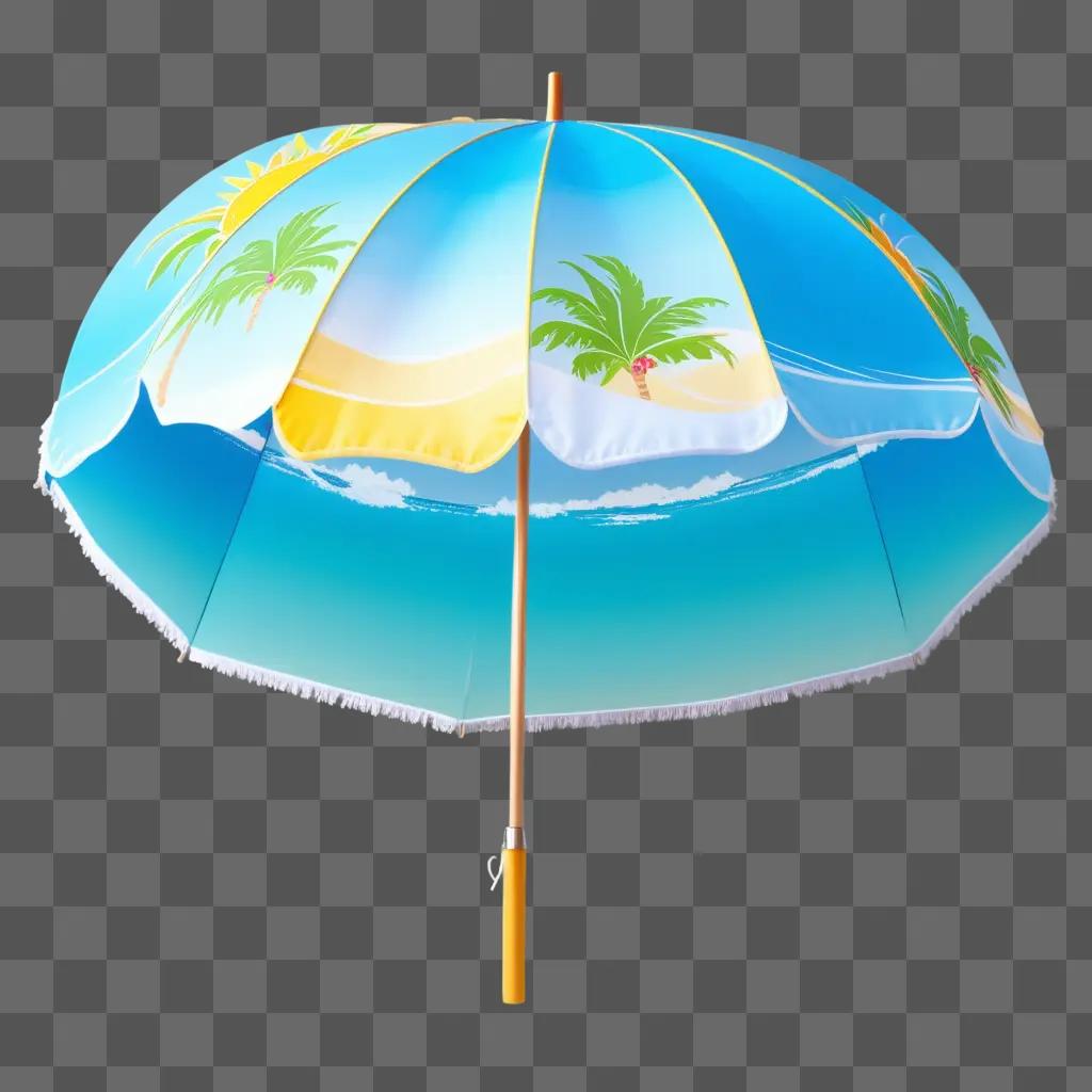 beach umbrella with palm trees and a beach scene