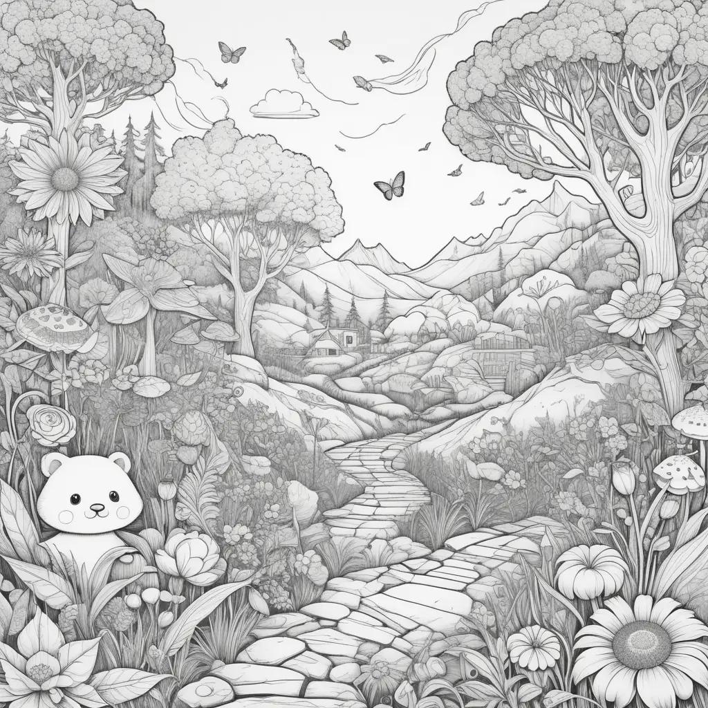 bear and butterflies in a dirt path coloring page