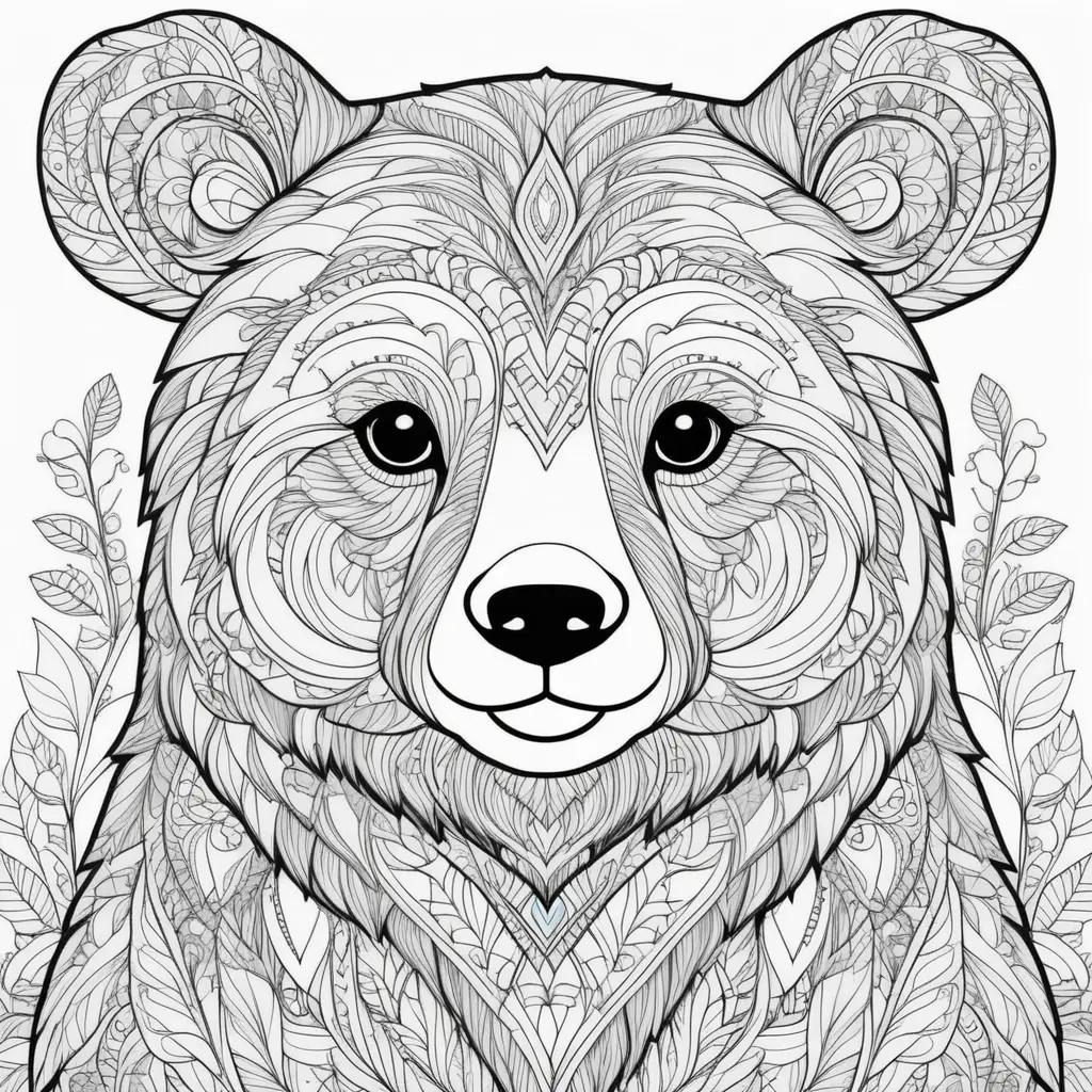 bear coloring page featuring a detailed, black and white design