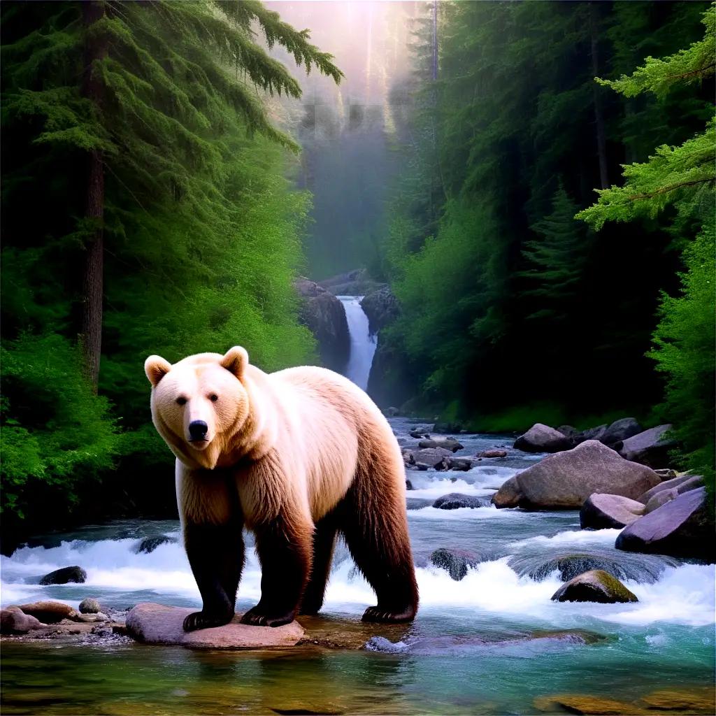 bear in a forest near a stream