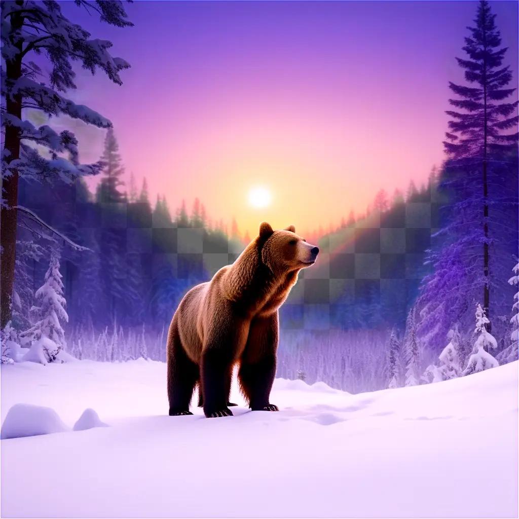 bear standing in the snow with a sunset in the background