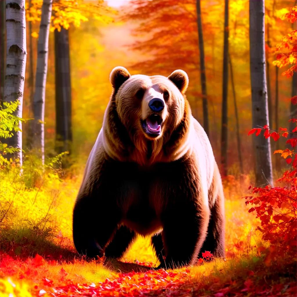 bear walks through a forest with colorful leaves